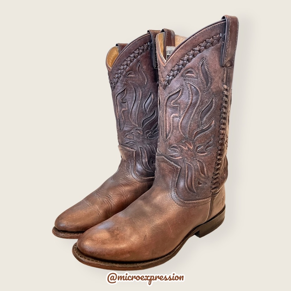$429 Frye Wyatt Overlay Brown Leather Embroidered Pattern Tall Cute Cowboy Boot - Picture 5 of 12